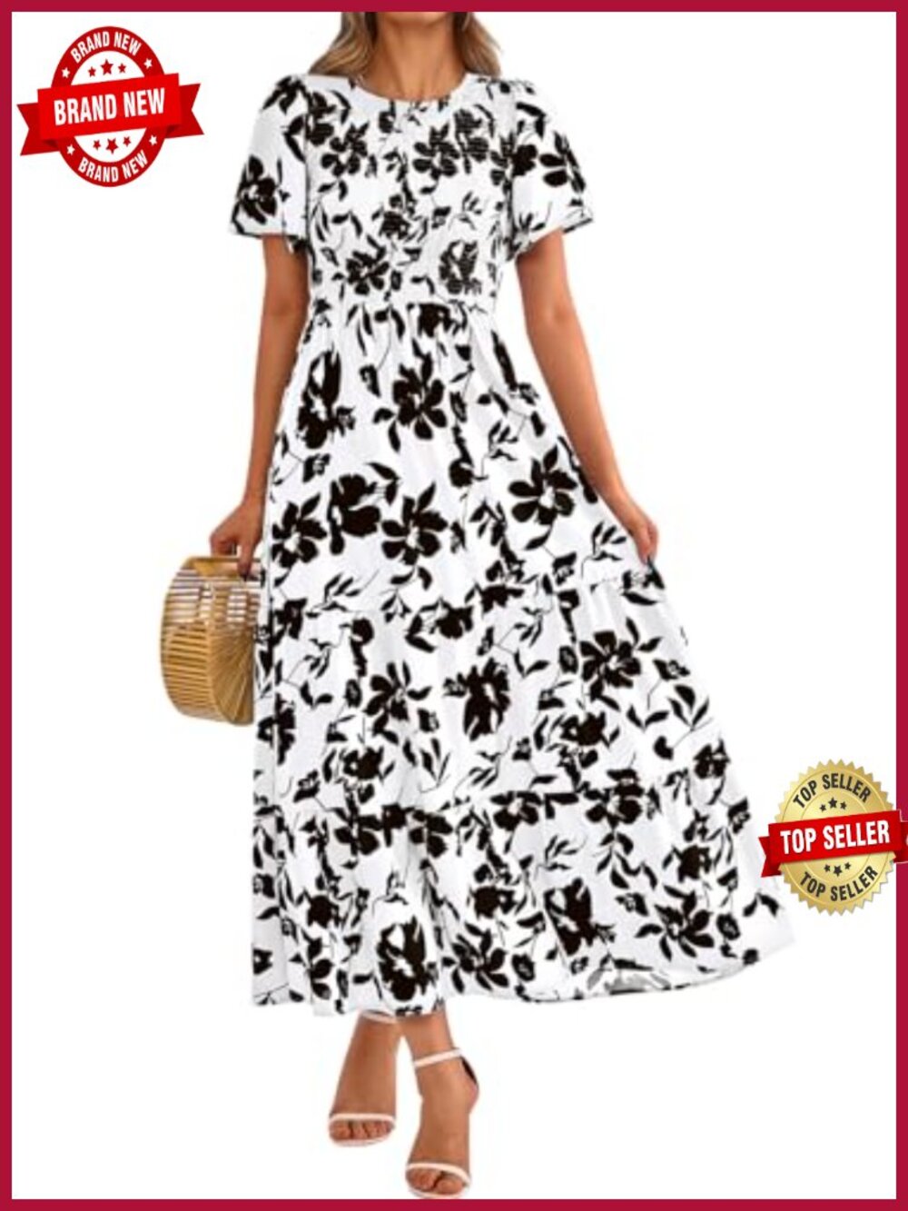 Floral Smocked Tiered Maxi Dress Flutter Sleeve A-Line Casual